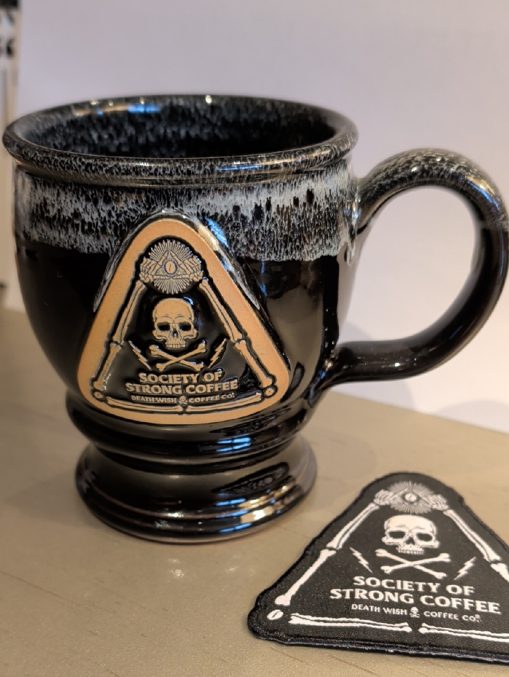 Death Wish Society of Strong Coffee Black Ceramic Mug with Speckled Rim